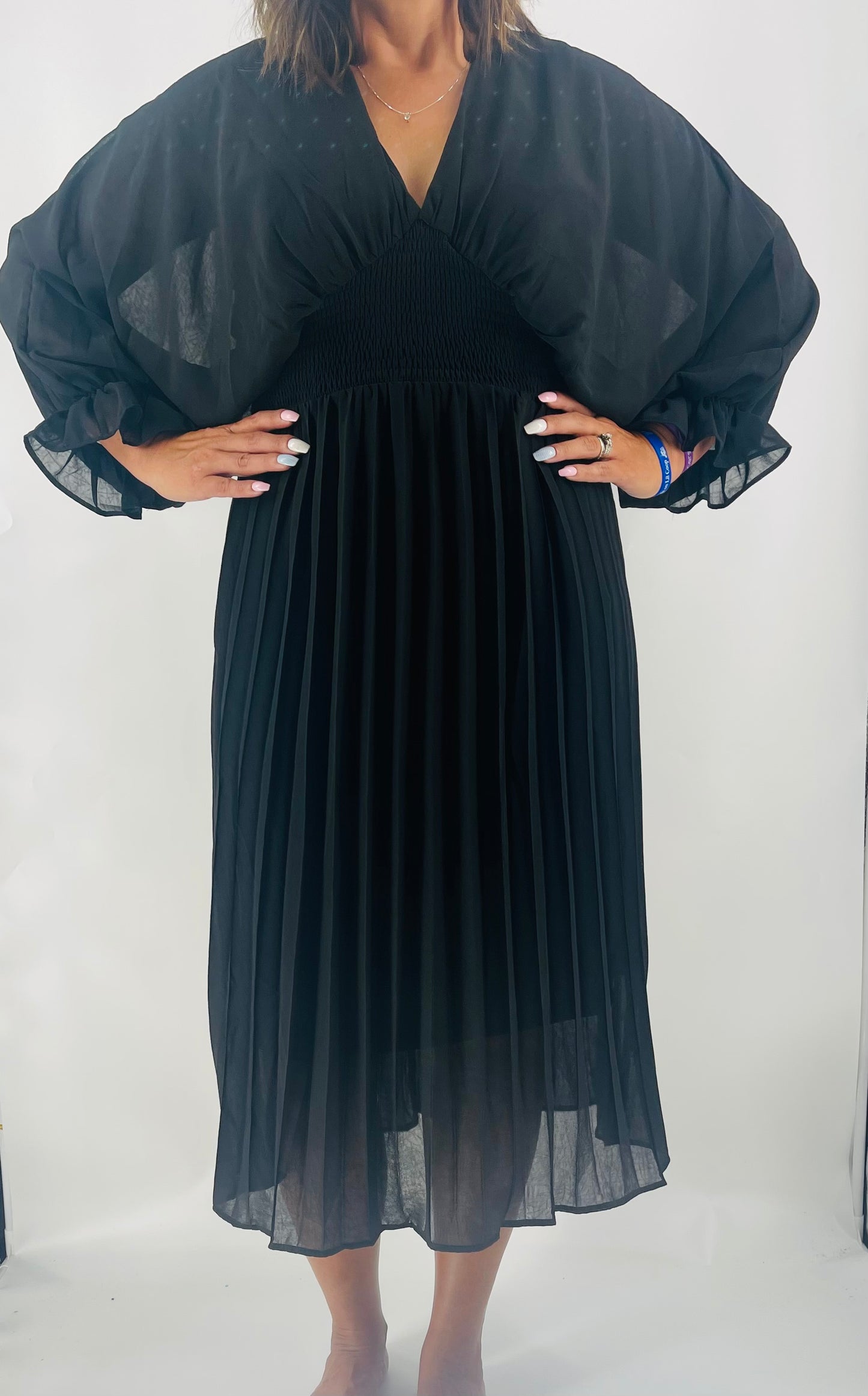 3/4 BATWING SLEEVE PLEATED WOVEN MIDI DRESS