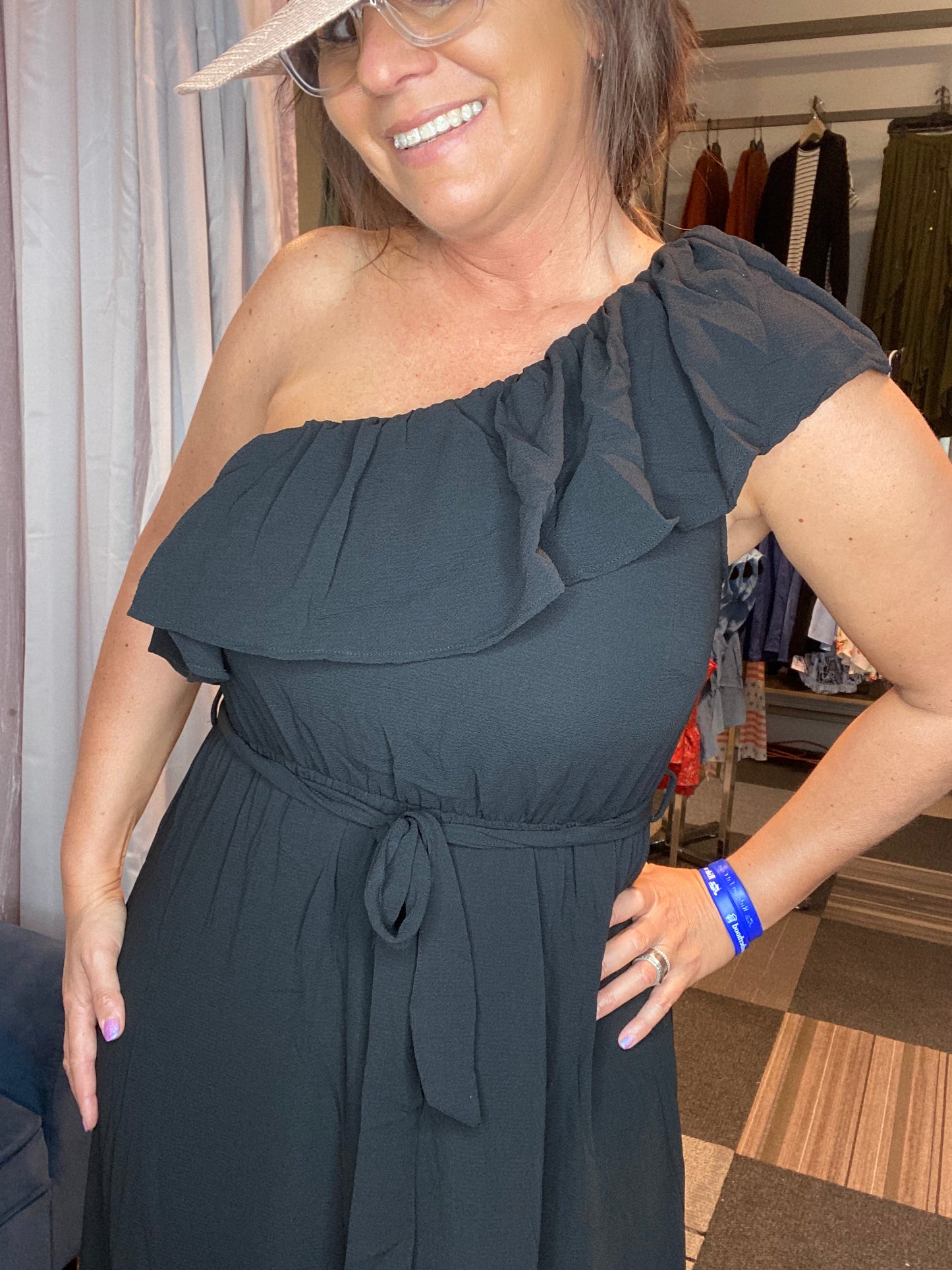 ONE SHOULDER RUFFLE WAIST ELASTIC TIE BELT MAXI DRESS