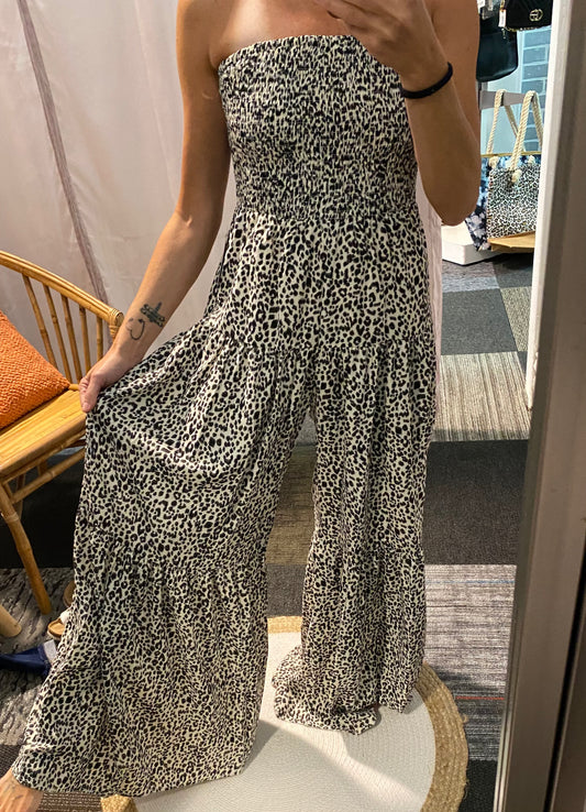 SMOCKING TUBE TOP TIERED RUFFLE LEOPARD PRINT JUMPSUIT