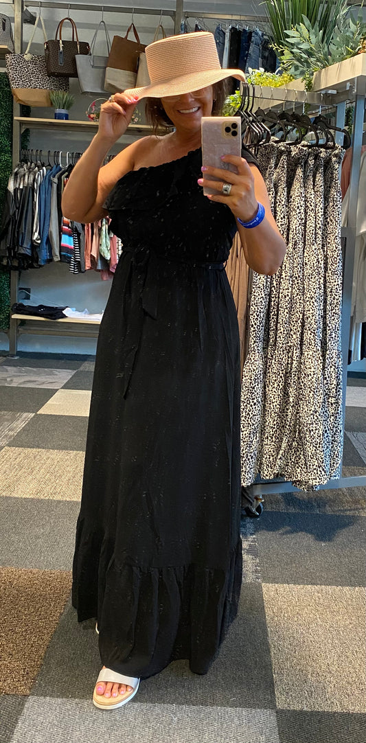 ONE SHOULDER RUFFLE WAIST ELASTIC TIE BELT MAXI DRESS