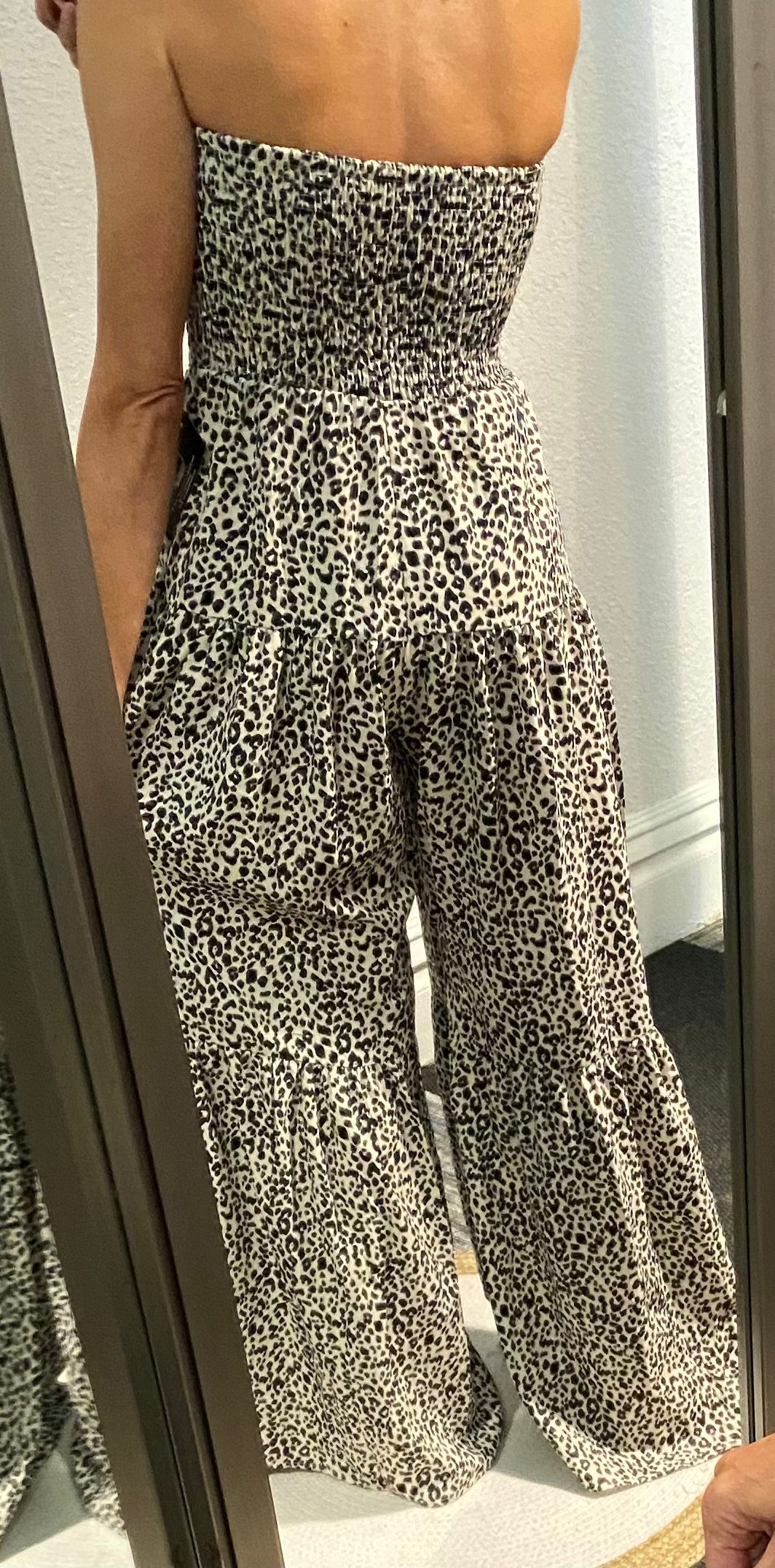 SMOCKING TUBE TOP TIERED RUFFLE LEOPARD PRINT JUMPSUIT