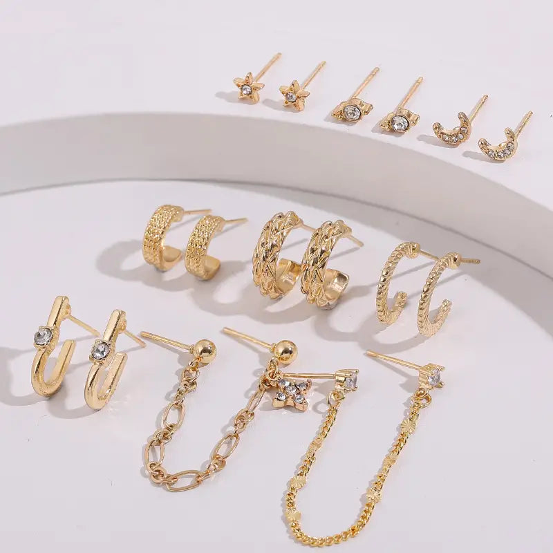 9 PAIR GOLDEN STUD & HOOP EARRINGS