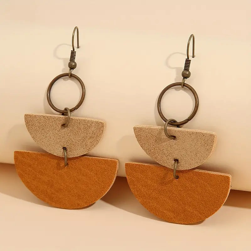 Retro Semi-Circle Stitching PU Leather Drop Earrings