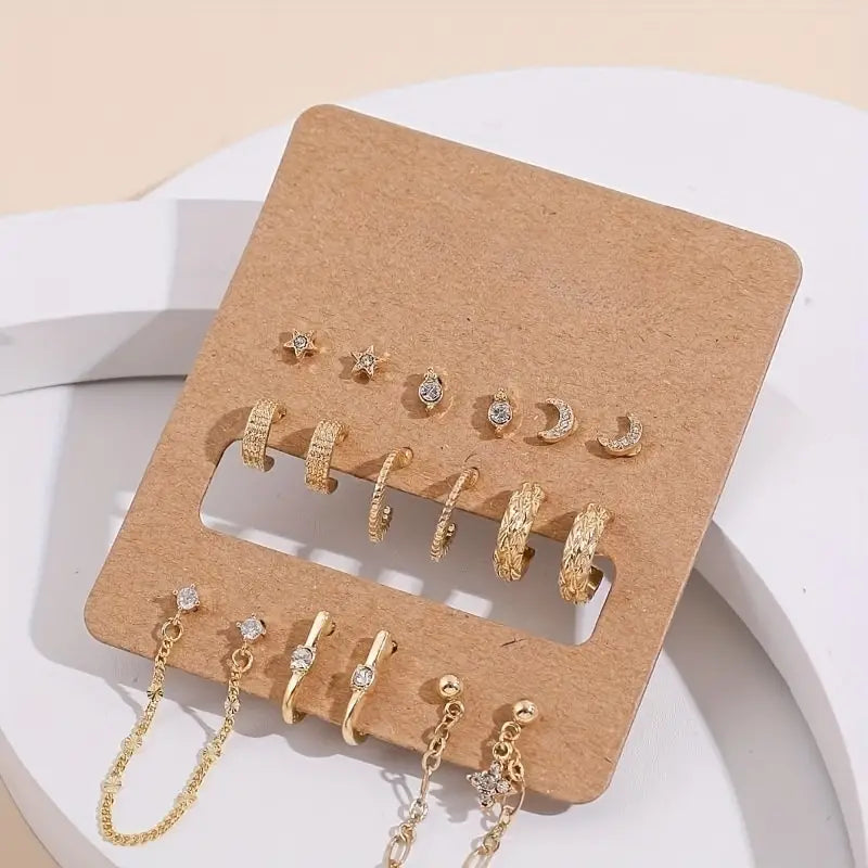 9 PAIR GOLDEN STUD & HOOP EARRINGS