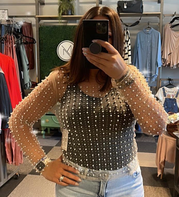 BEAD AND PEARL EMBELLISHED LONG SLEEVES MESH TOP