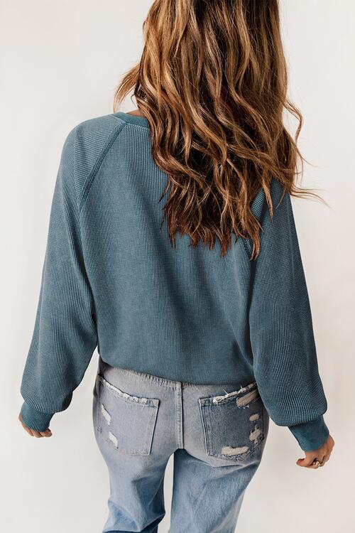 Half Button Round Neck Long Sleeve Sweatshirt