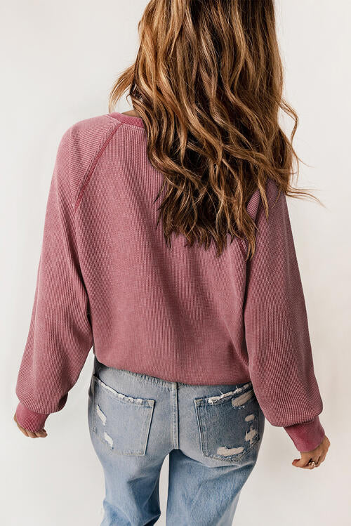 Half Button Round Neck Long Sleeve Sweatshirt