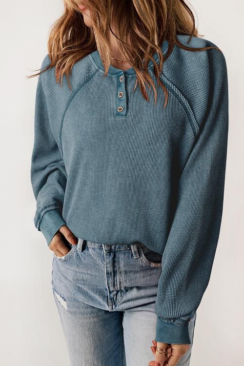 Half Button Round Neck Long Sleeve Sweatshirt