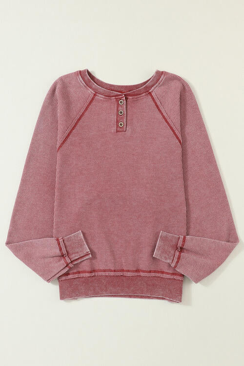 Half Button Round Neck Long Sleeve Sweatshirt